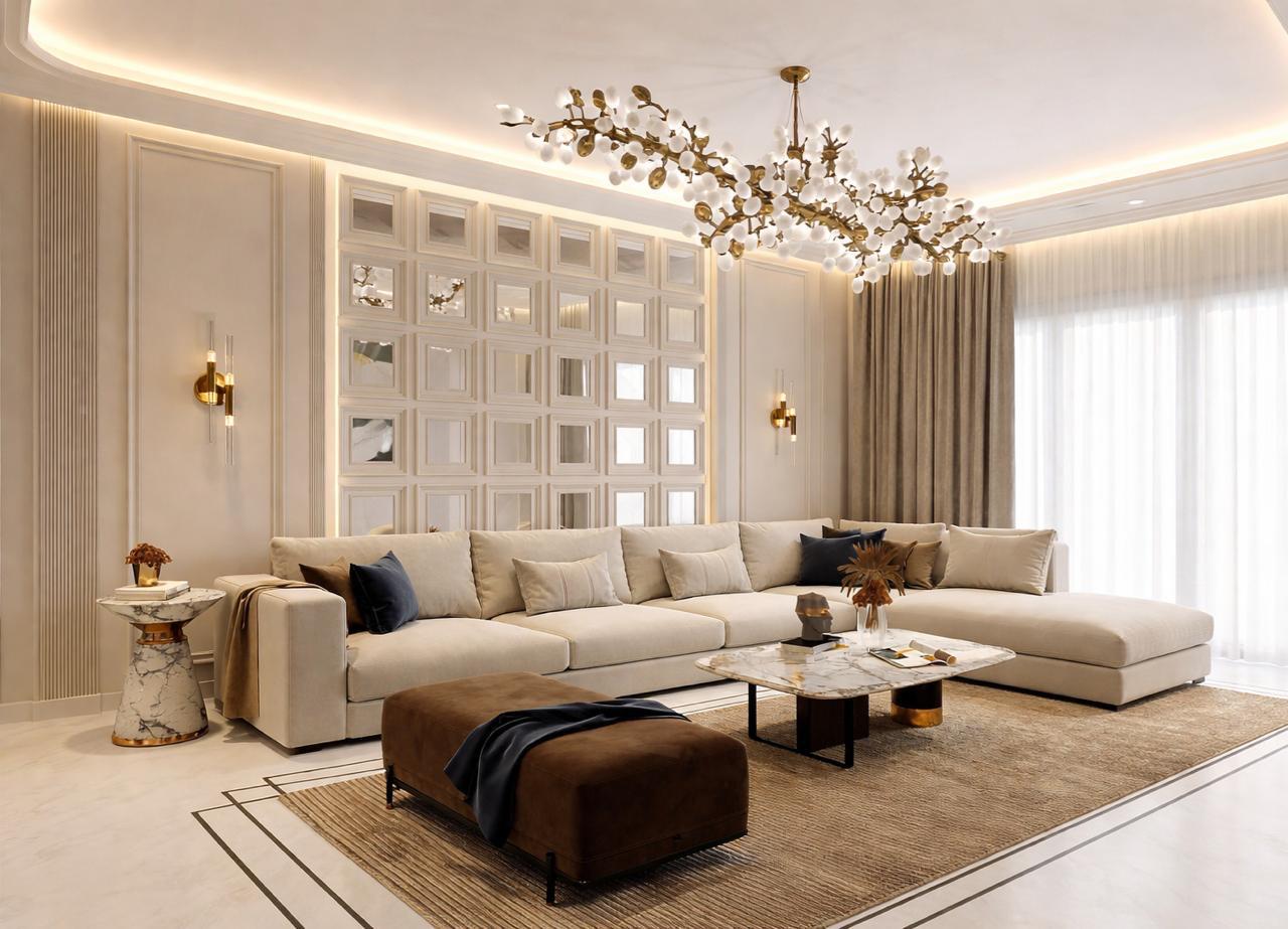 Grand Living Room — Brass & Cream